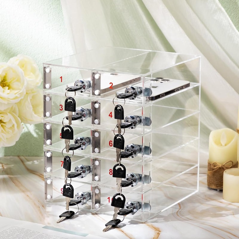 Layhit 10 Slots Cell Phone Locker Box for Classroom Clear Acrylic Cell Phone Storage Cabinet Bin with Door Locks for Classroom School Students Office Factory Employees - Image 2